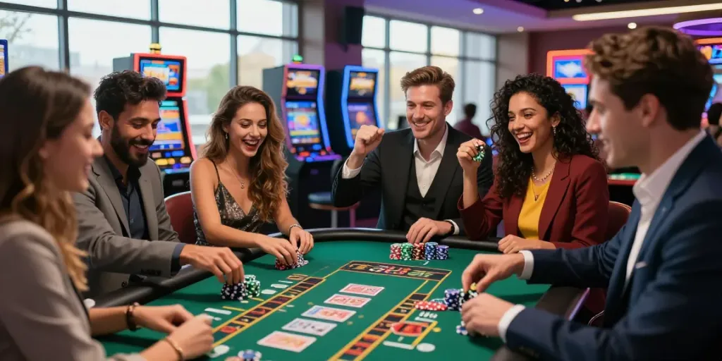 Moment de jeu festif au casino avec des amis profitant de l'offre Casino Gratuit sans depot.