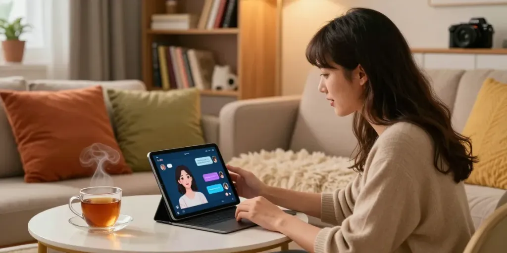Engaging conversation with an AI girlfriend on a tablet in a cozy living room