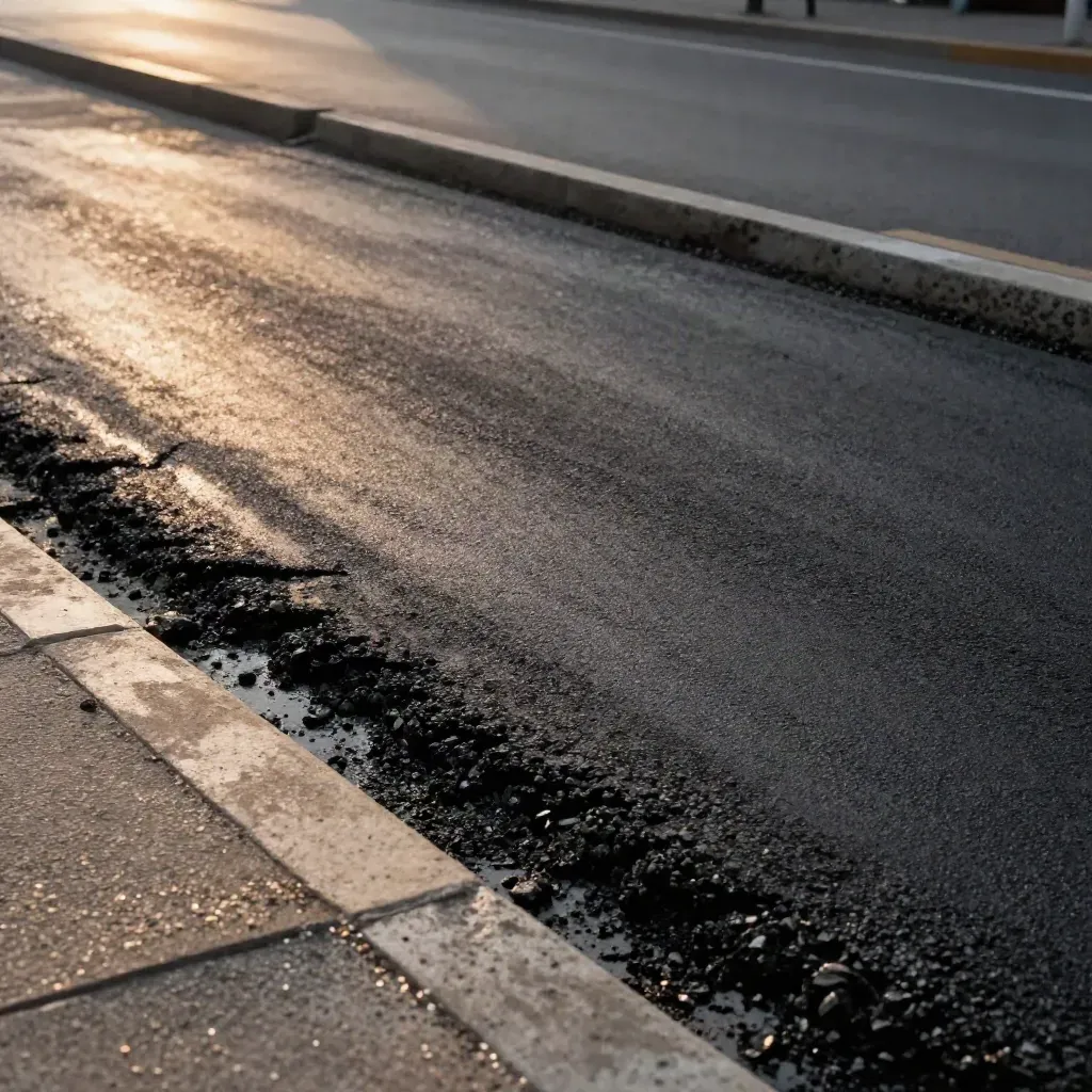 Réfection d’un nid-de-poule en enrobé neuf, bordure reprise et gravillons sur chaussée urbaine.