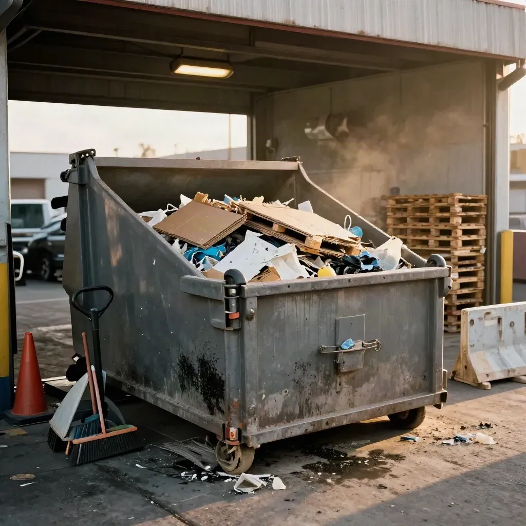 Benne ouverte pleine de déchets, quai de chargement vide, zone nettoyée en lumière dorée.