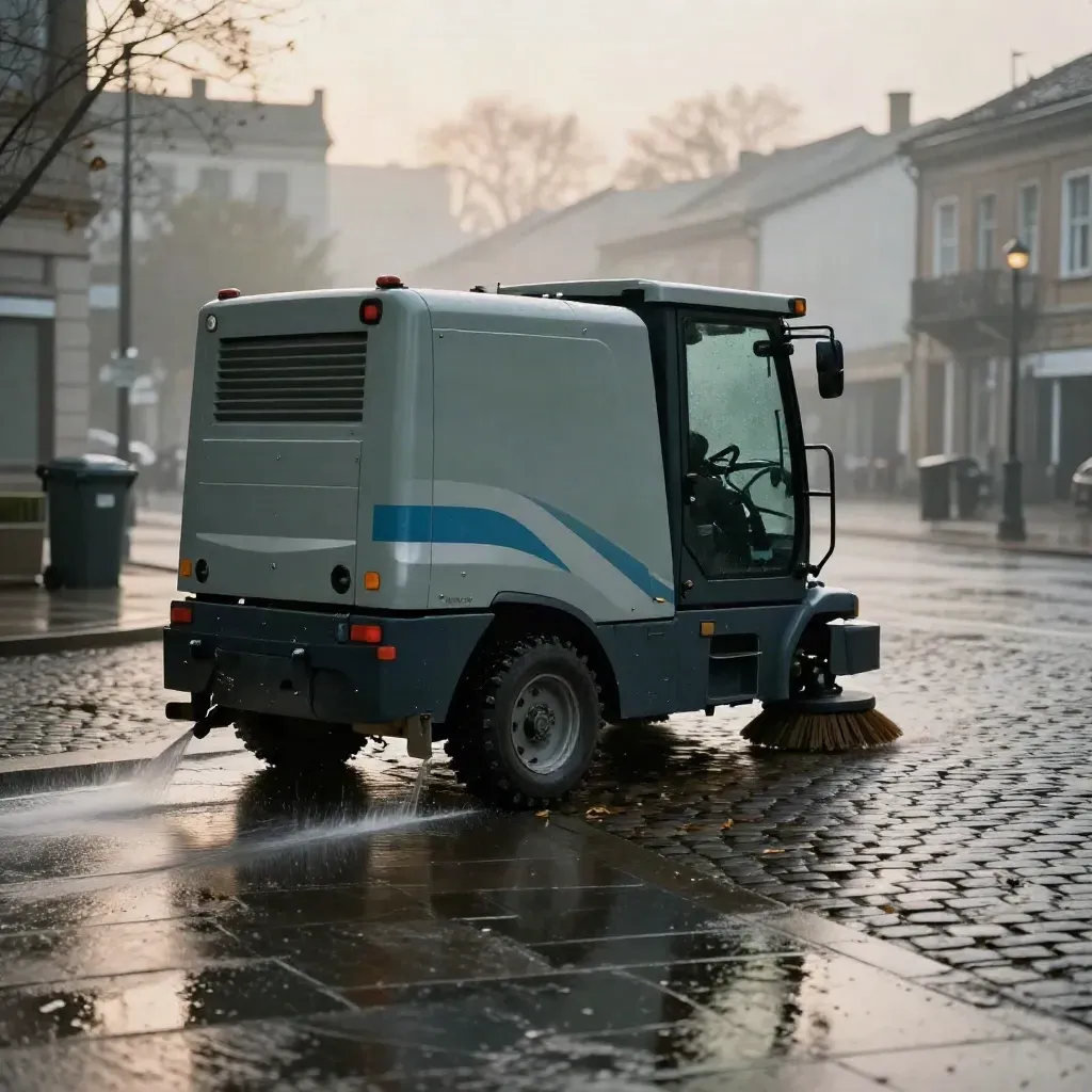 Balayeuse municipale à l’aube sur une place mouillée, pavés nettoyés et brume légère.