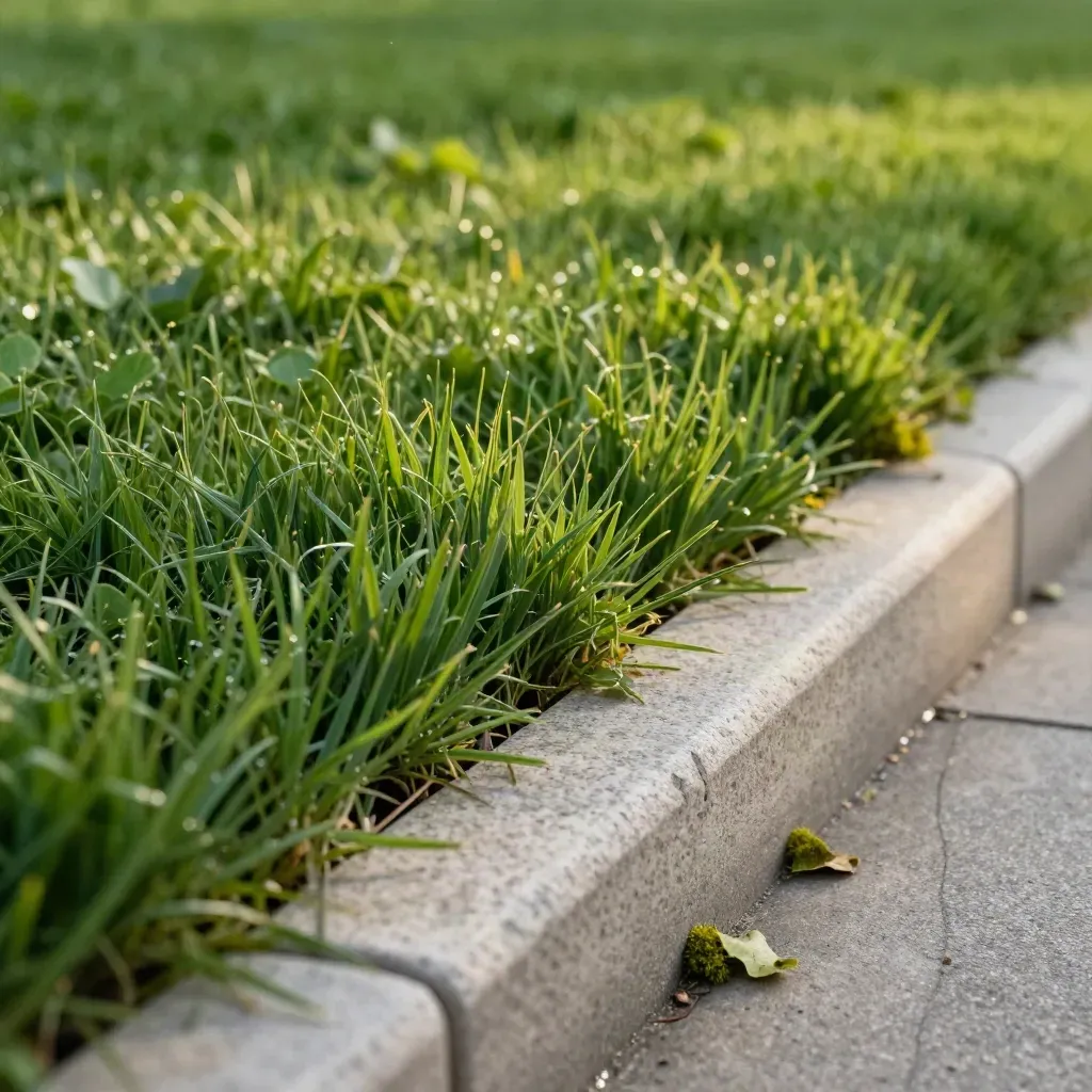 Gazon fraîchement tondu au bord d’un chemin, haie taillée et bordure propre avec feuilles rassemblées.