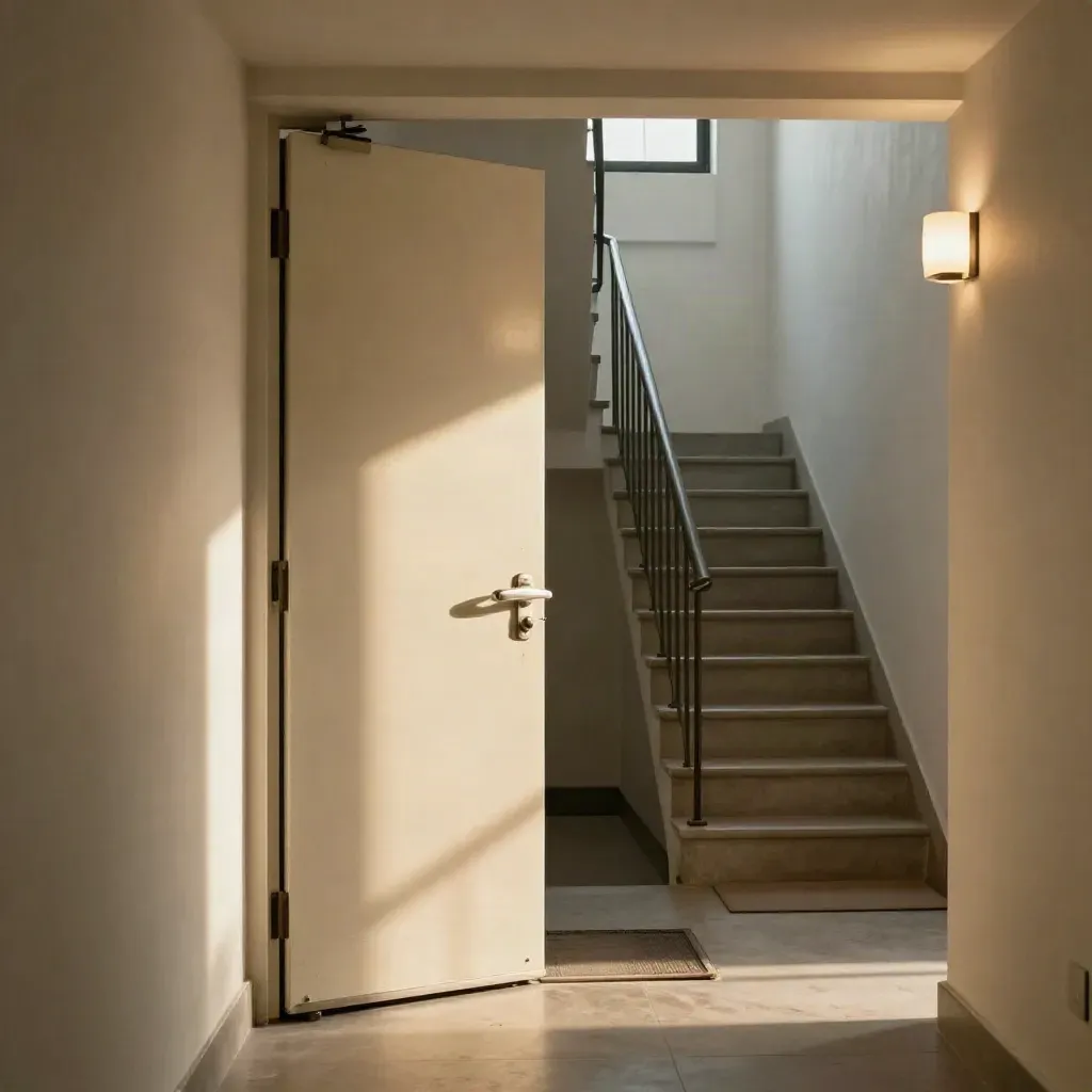 Couloir d’immeuble rénové, porte de service réparée et escalier clair baigné de lumière.