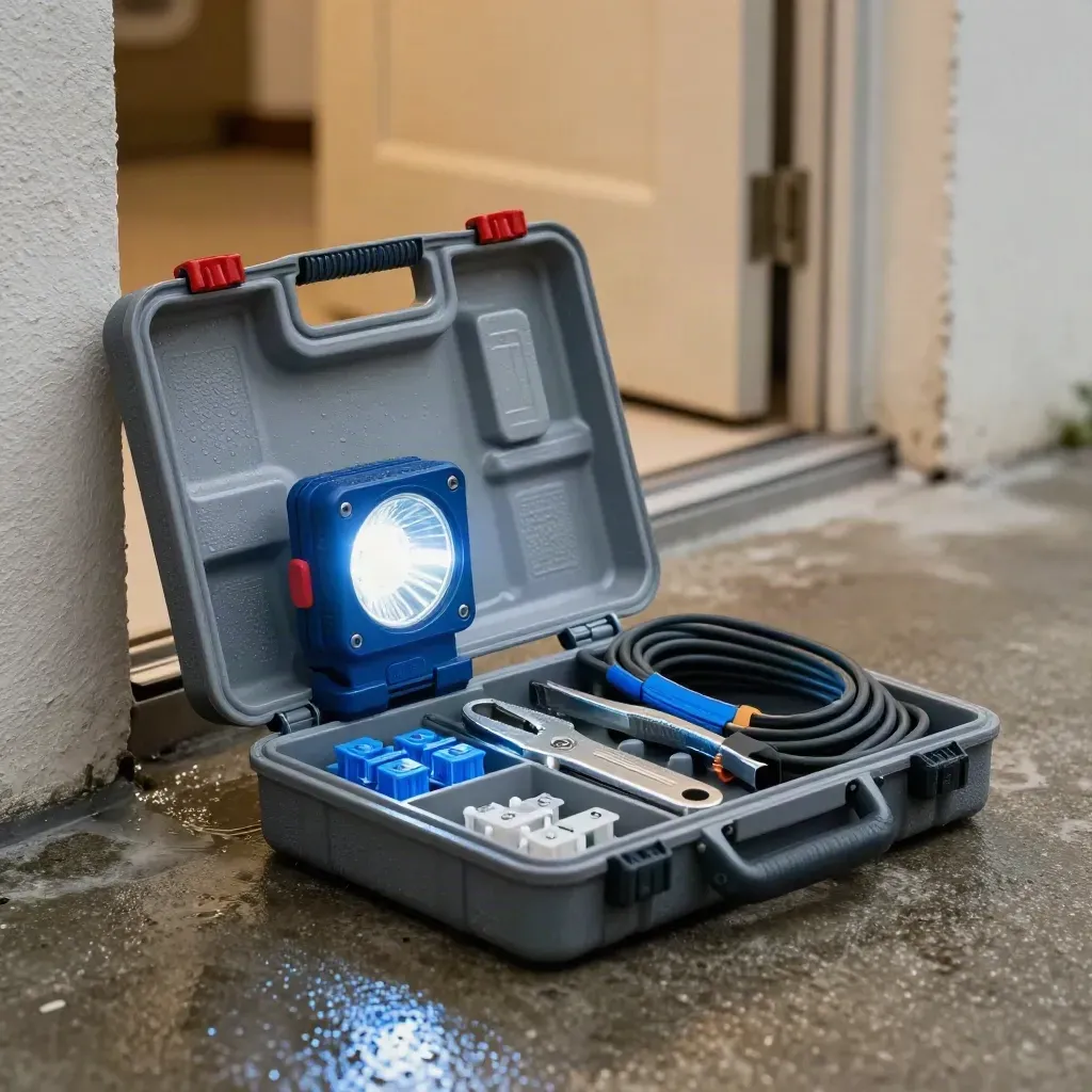 Kit de dépannage ouvert devant une entrée sécurisée, lumière portative et sol humide après pluie.