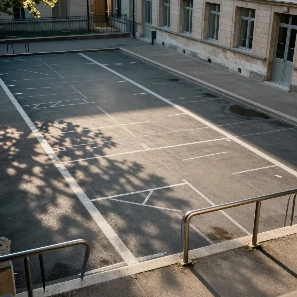 Cour d’école vide, marquages fraîchement repris et racks à vélos alignés avant la rentrée.