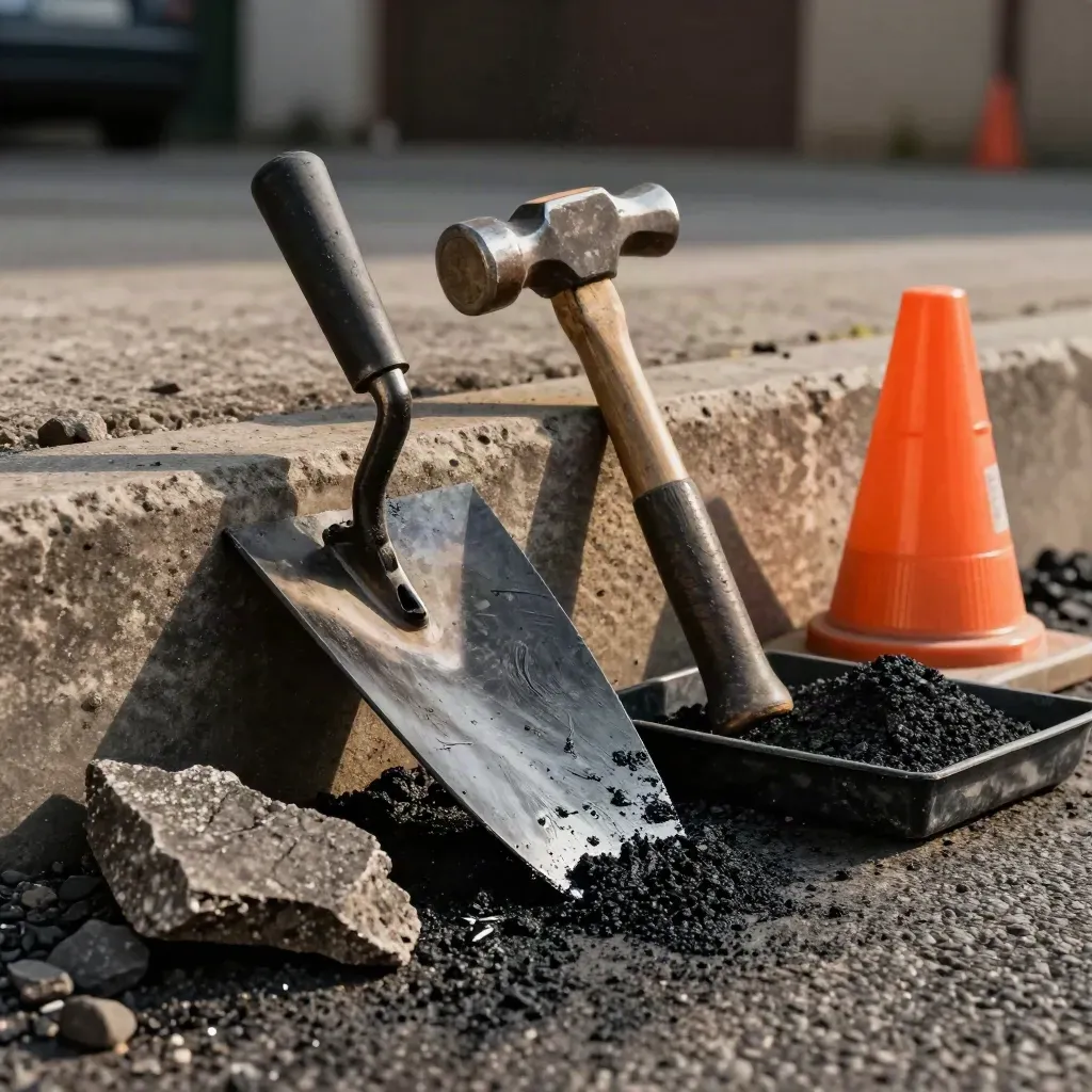 Outils de voirie tachés d’enrobé, éclat de bordure et bac d’agrégat sur chantier.