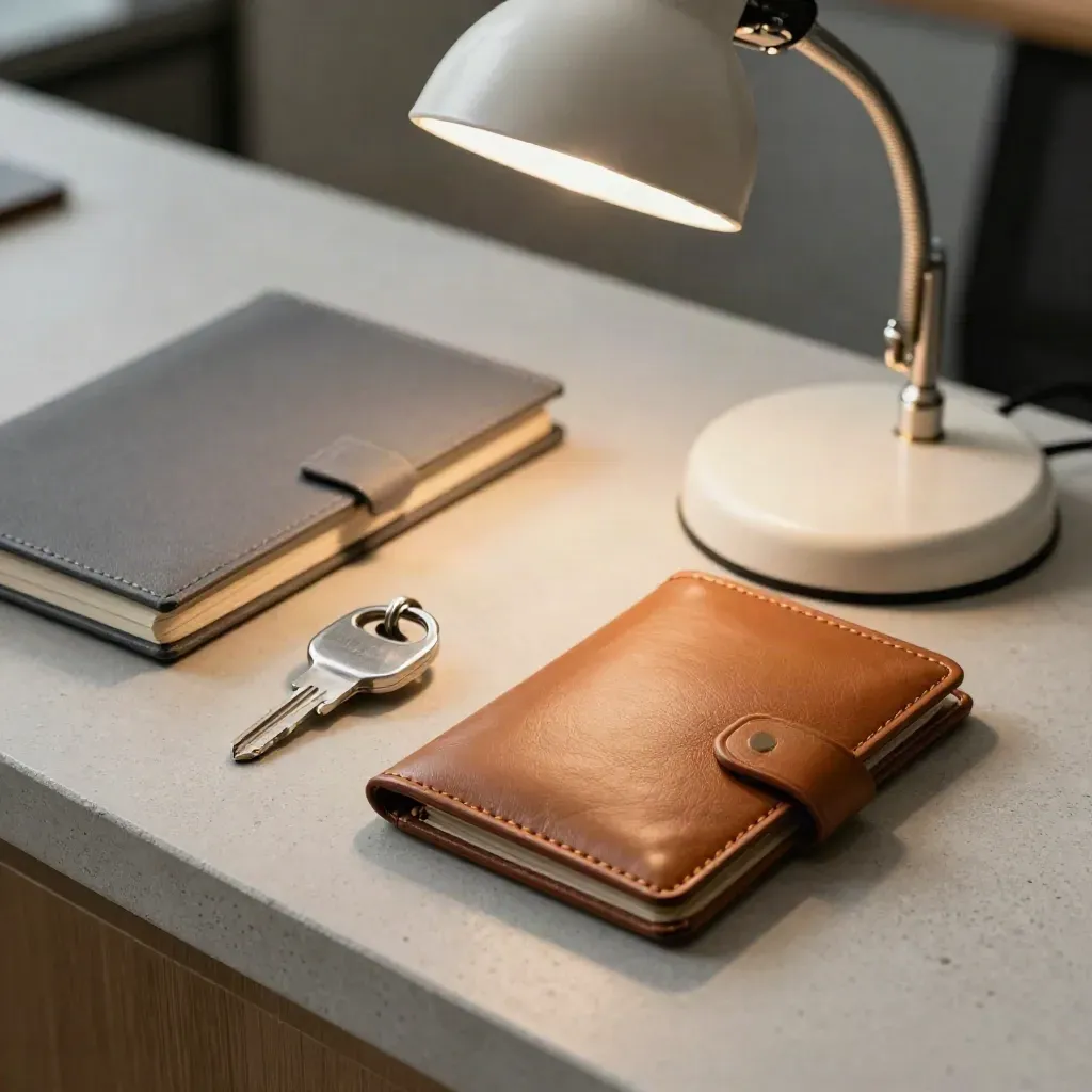 Clés d’accès, porte-cartes, carnet fermé et lampe de bureau sur un comptoir en béton clair.