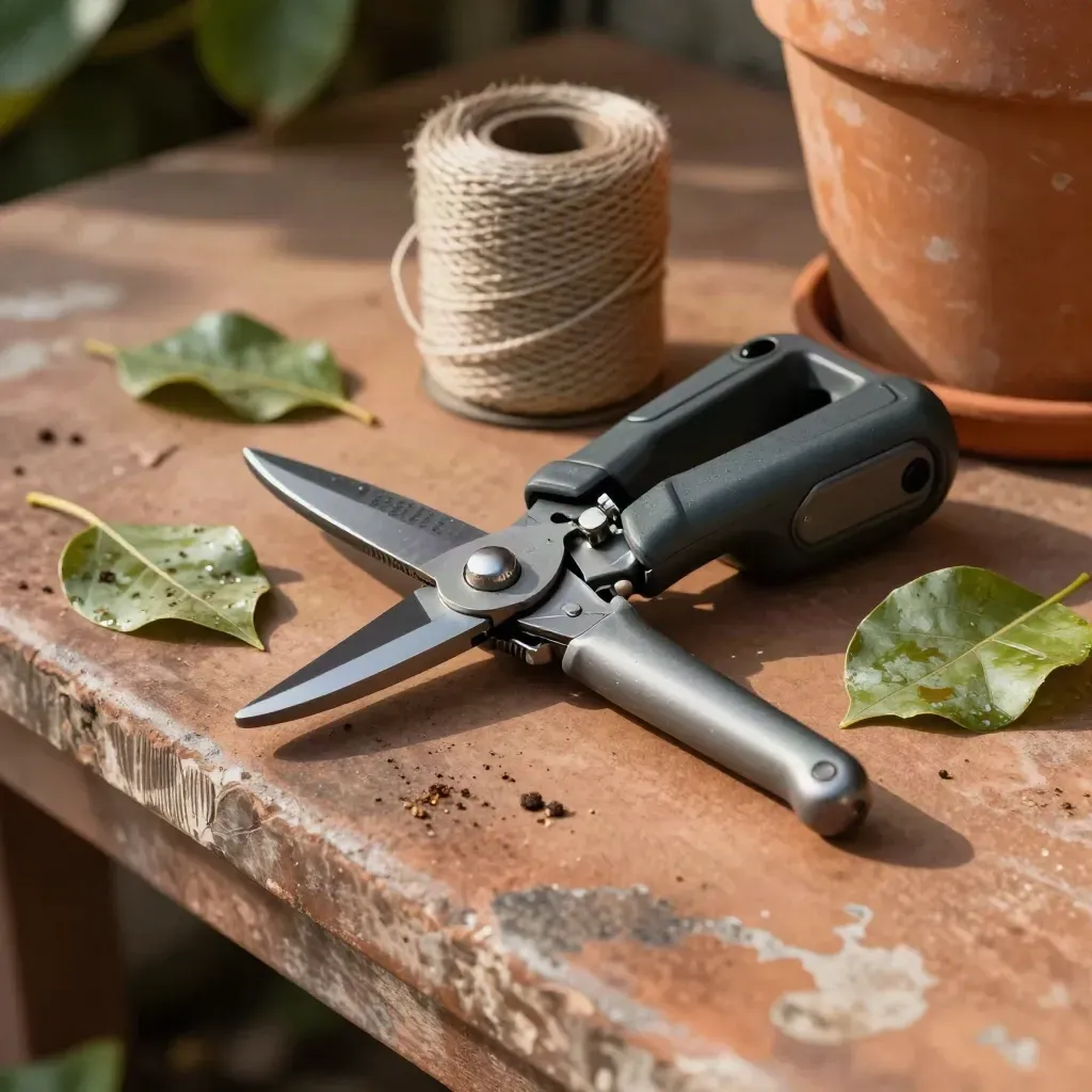 Vue zénithale d’un sécateur, d’une batterie de taille-haie, de ficelle et de feuilles fraîches sur terre cuite.