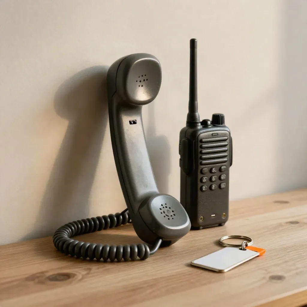 Téléphone de service, radio et clés sur bois pâle, lumière douce, ambiance technique.