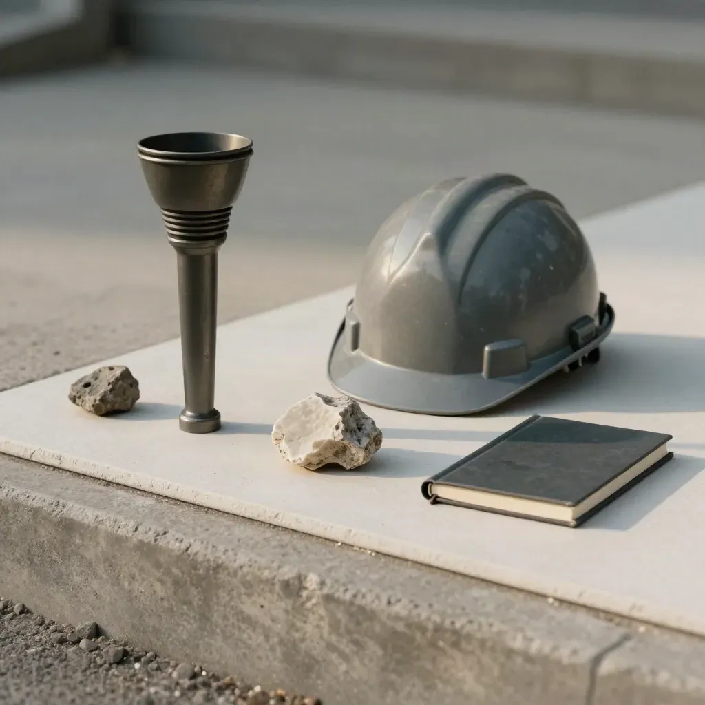 Kit de visite terrain avec torche, casque, éclat de bordure et carnet sur fond clair