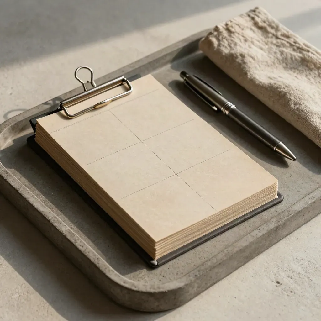 Classeur fermé, clip métal, cartes vierges, stylo capuchonné et onglets sur plateau de béton.