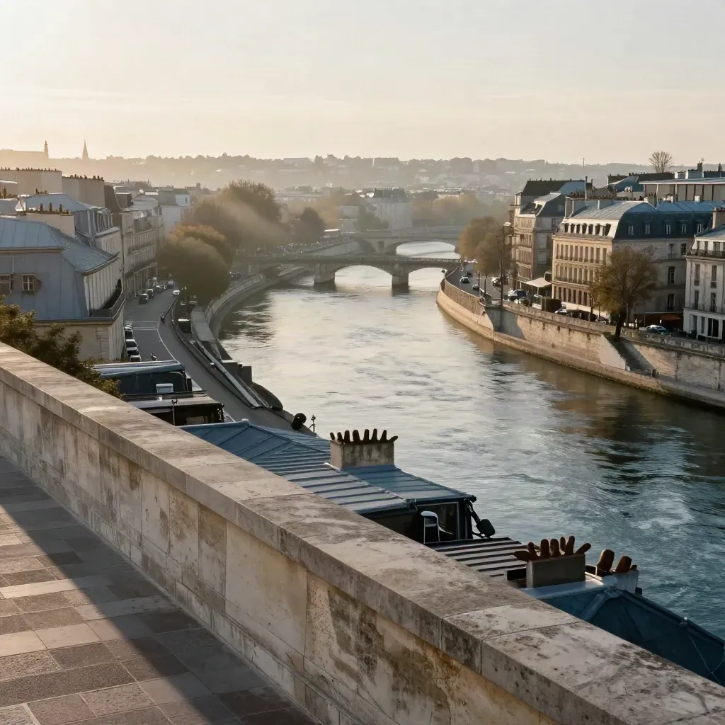 Vue haute de Paris et de la Seine dans une brume dorée au matin.