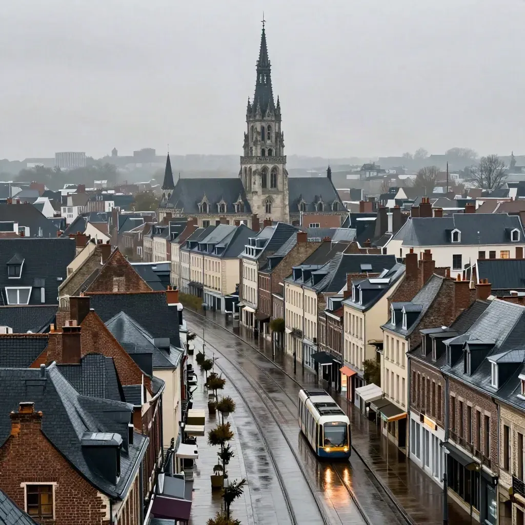 Vue de Lille sous la pluie fine, beffroi et toits flamands dans une lumière dorée.
