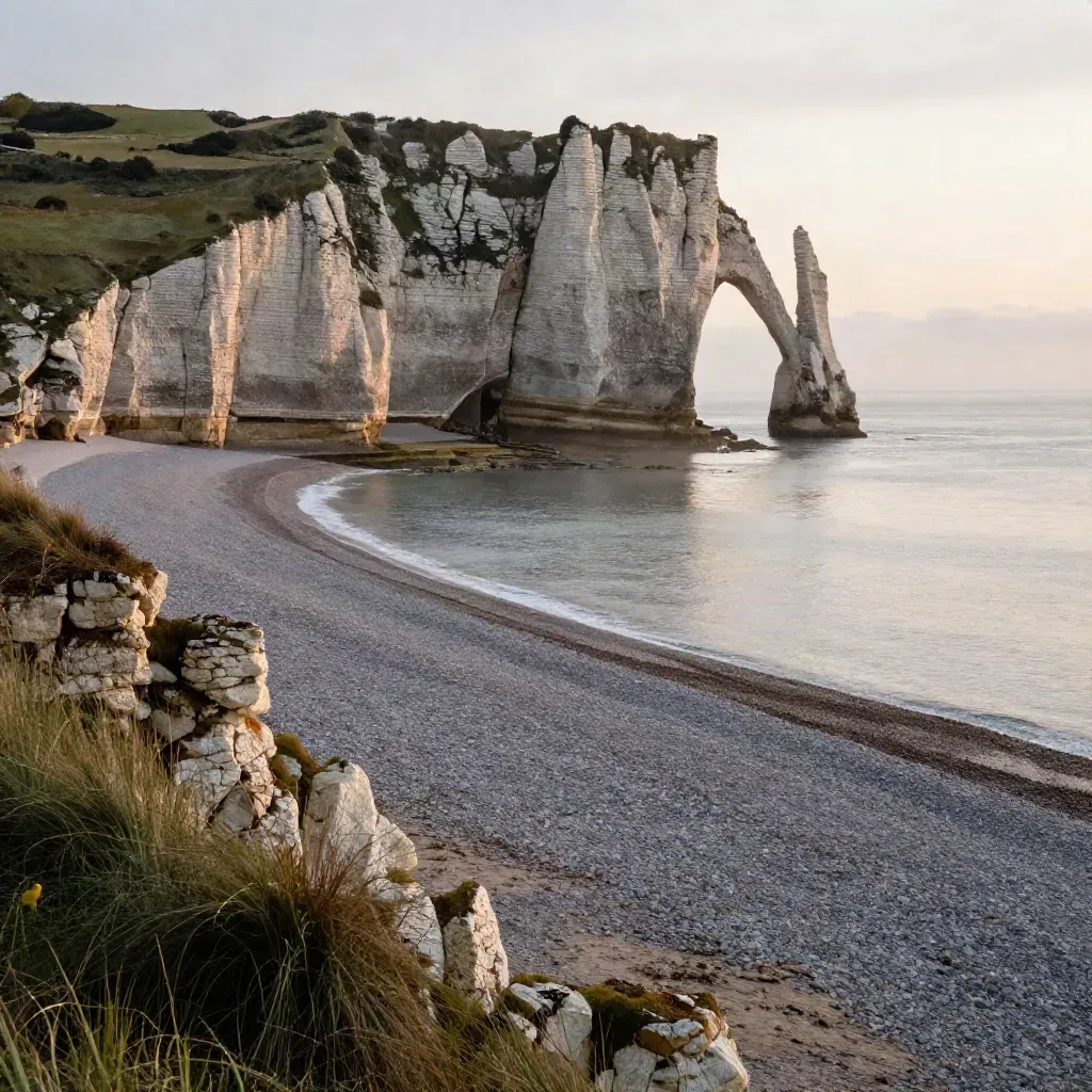 Falaises d’Étretat à marée basse, grève claire et brume salée au soir.