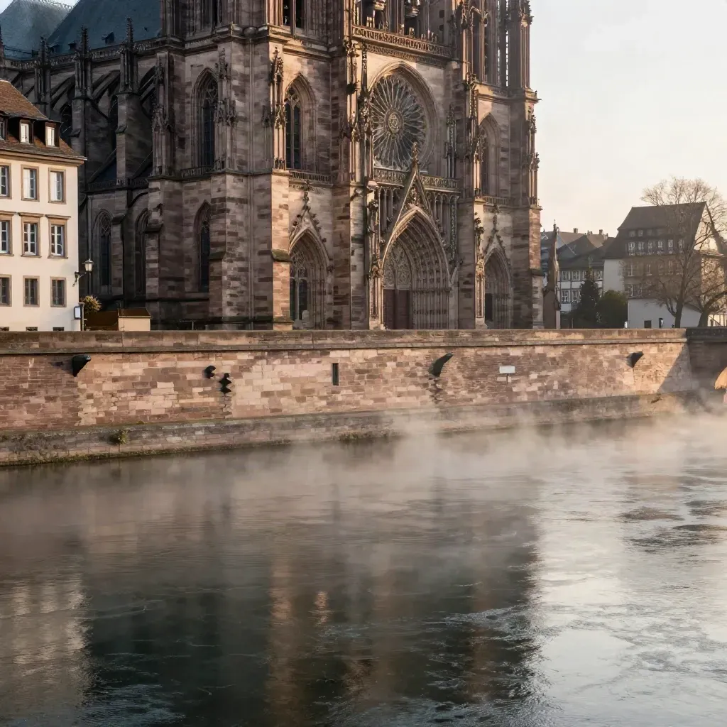 Strasbourg au lever du jour, cathédrale et quais dans la brume au-dessus du Rhin