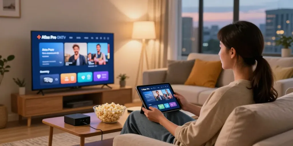 Profitez de chaînes en direct avec l'application atlas pro dans un salon confortable.